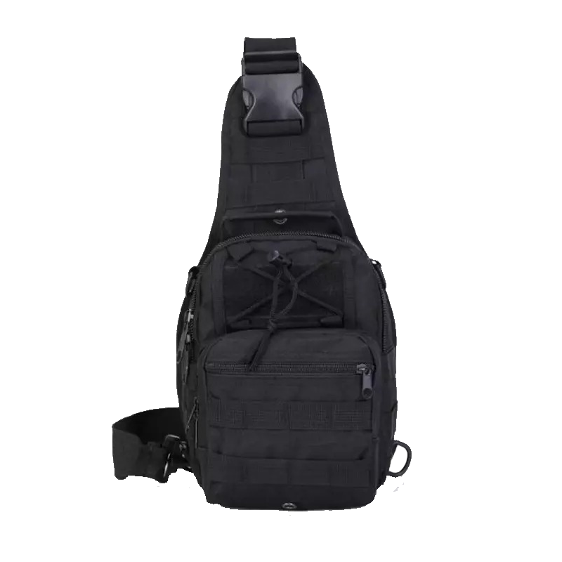 Men's Tactical Sling Shoulder Backpack in black, featuring Molle system for outdoor travel and hiking, with adjustable straps and multiple pockets for versatile use.