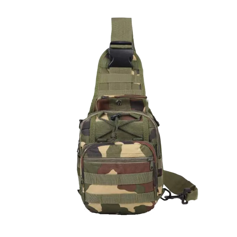 Men's Tactical Sling Shoulder Backpack in black, featuring Molle system for outdoor travel and hiking, with adjustable straps and multiple pockets for versatile use.
