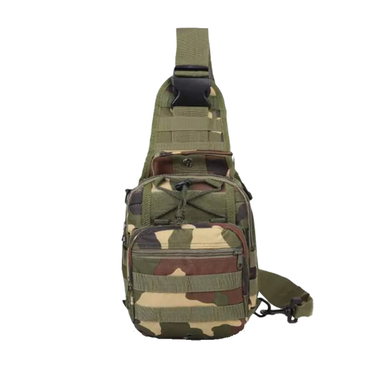 Men's Tactical Sling Shoulder Backpack in black, featuring Molle system for outdoor travel and hiking, with adjustable straps and multiple pockets for versatile use.