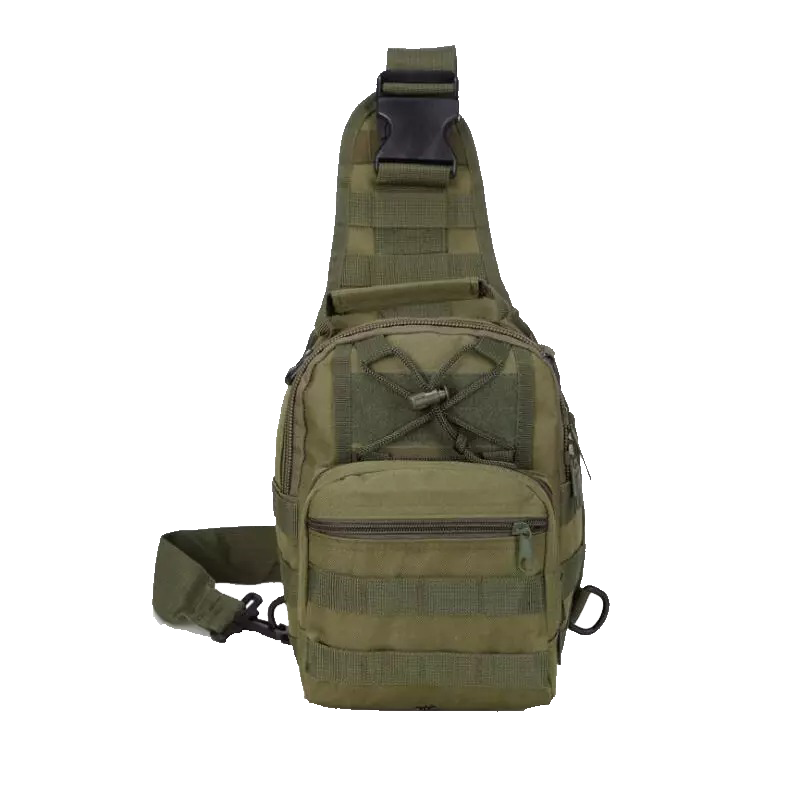Men's Tactical Sling Shoulder Backpack in black, featuring Molle system for outdoor travel and hiking, with adjustable straps and multiple pockets for versatile use.