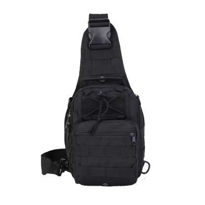 Men's Tactical Sling Shoulder Backpack in black, featuring Molle system for outdoor travel and hiking, with adjustable straps and multiple pockets for versatile use.