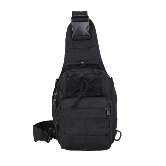 Men's Tactical Sling Shoulder Backpack in black, featuring Molle system for outdoor travel and hiking, with adjustable straps and multiple pockets for versatile use.