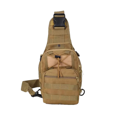 Men's Tactical Sling Shoulder Backpack in black, featuring Molle system for outdoor travel and hiking, with adjustable straps and multiple pockets for versatile use.